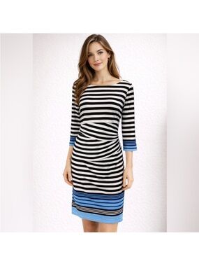 J. McLaughlin Black and White Striped Nicola Dress with Blue Accents